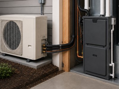 A furnace and an outdoor condensing unit