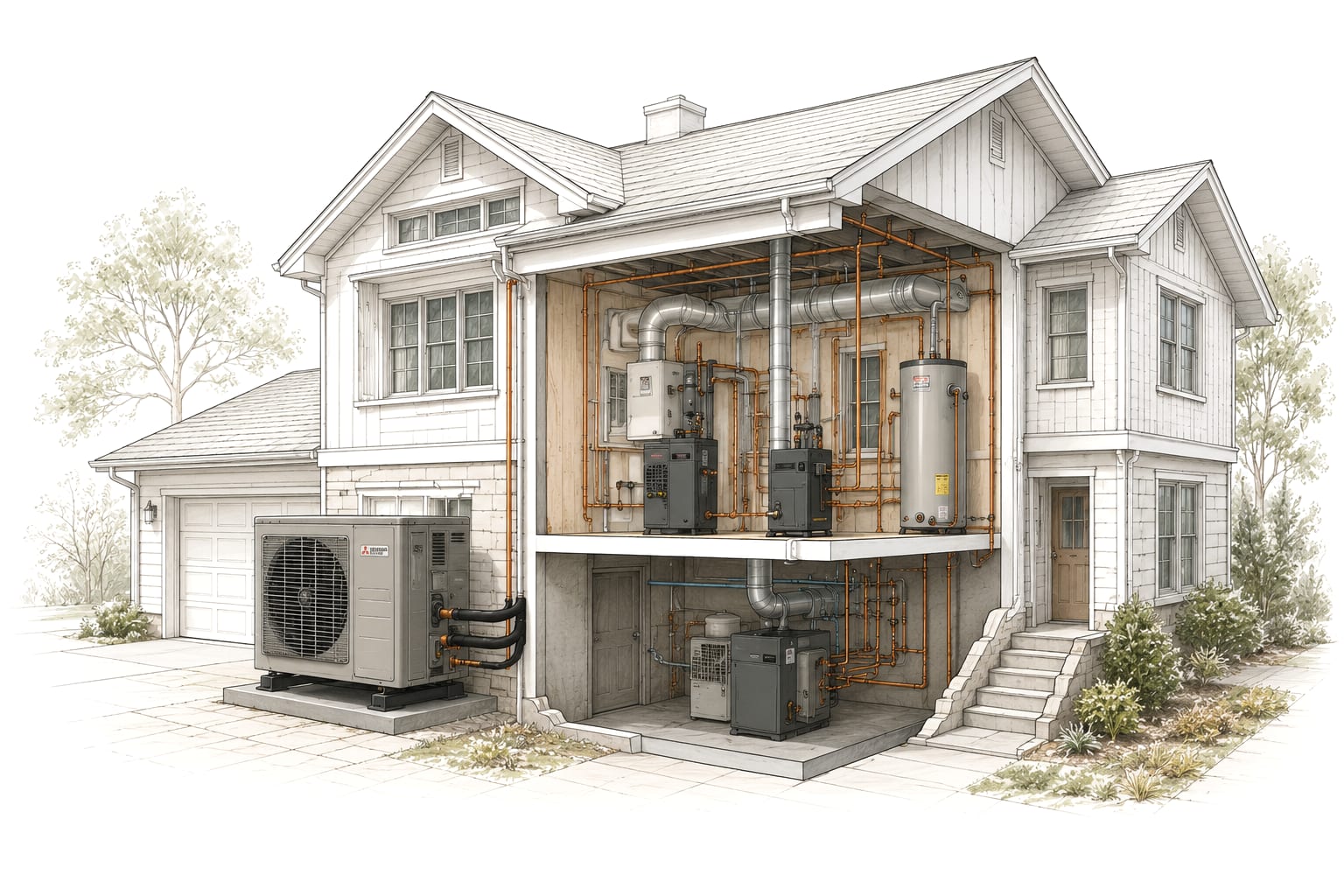 A cutaway drawing of a two-storey house with one wall removed, showing the mechanical systems a quote is usually written against: an outdoor heat pump unit on its pad with the refrigerant line set running to the wall, a furnace and air handler with sheet-metal trunk and round ducts, a tank water heater, and copper supply piping threaded through both floors down to a basement boiler.